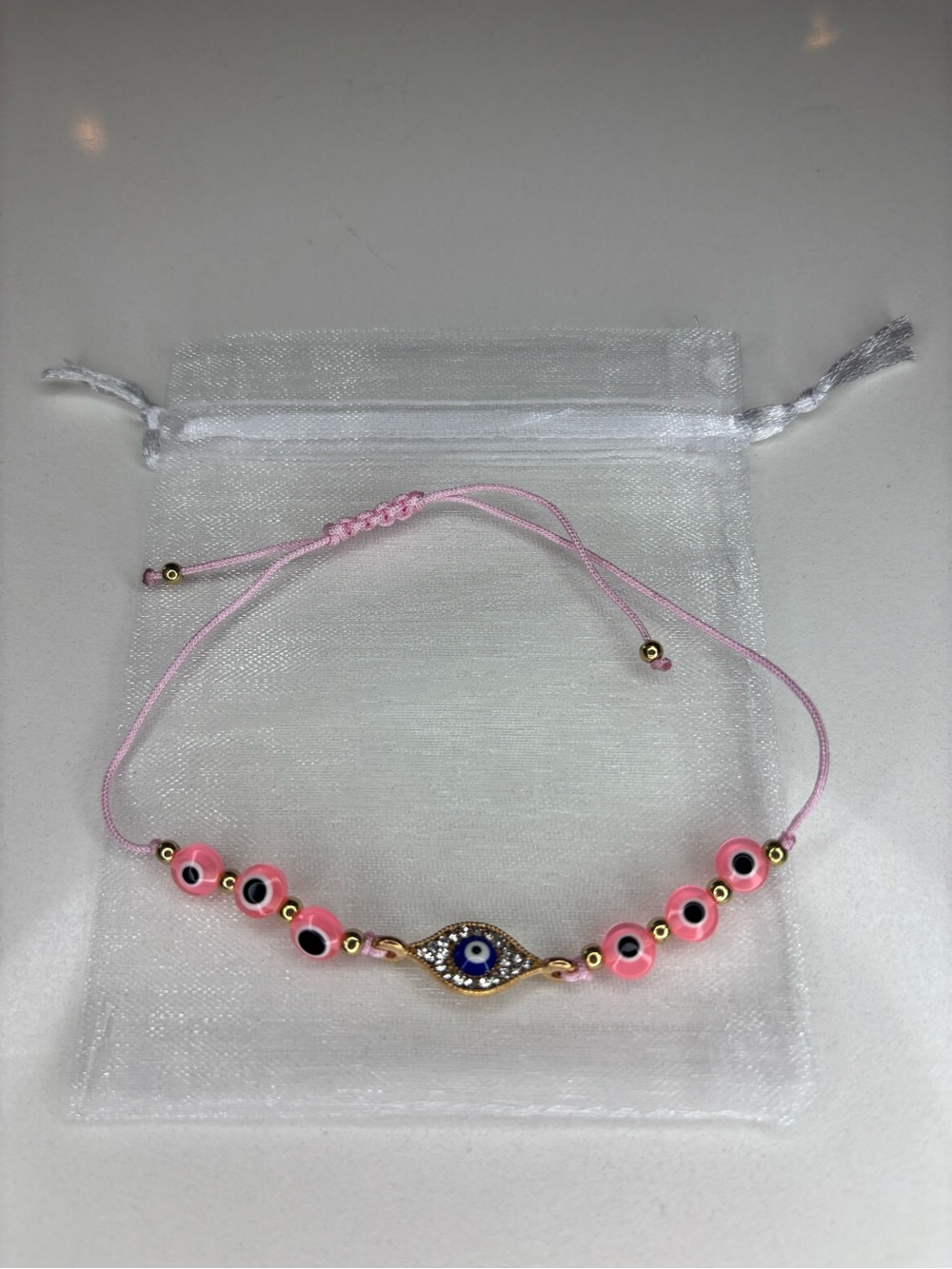 Evil Eye Beaded Adjustable Bracelet - Pink
